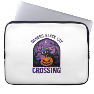 Danger Black Cat Crossing Halloween Pumpkin Witch  Laptop Sleeve