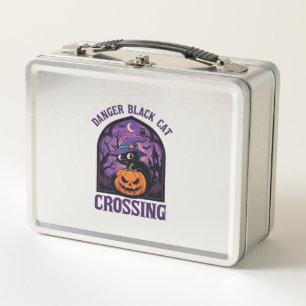 Danger Black Cat Crossing Halloween Pumpkin Witch  Metal Lunch Box