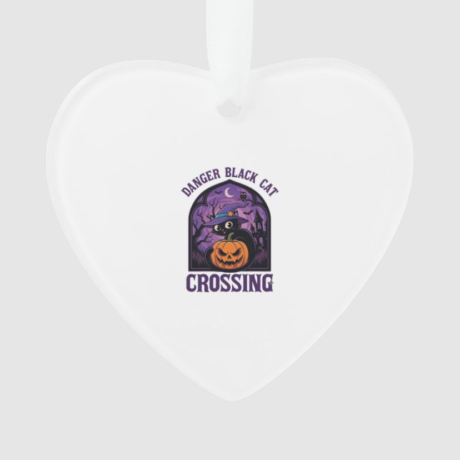Danger Black Cat Crossing Halloween Pumpkin Witch  Ornament (Front)