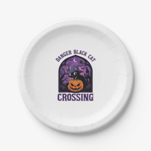 Danger Black Cat Crossing Halloween Pumpkin Witch  Paper Plate