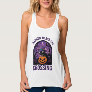 Danger Black Cat Crossing Halloween Pumpkin Witch  Singlet