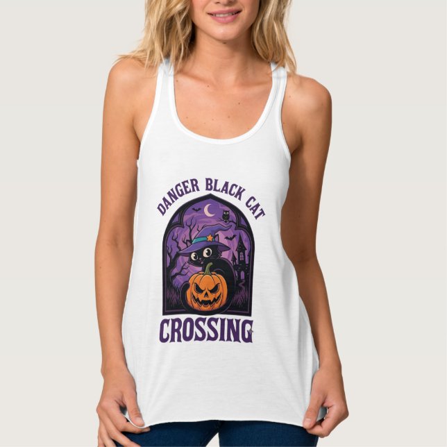 Danger Black Cat Crossing Halloween Pumpkin Witch  Singlet (Front)