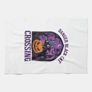 Danger Black Cat Crossing Halloween Pumpkin Witch Tea Towel