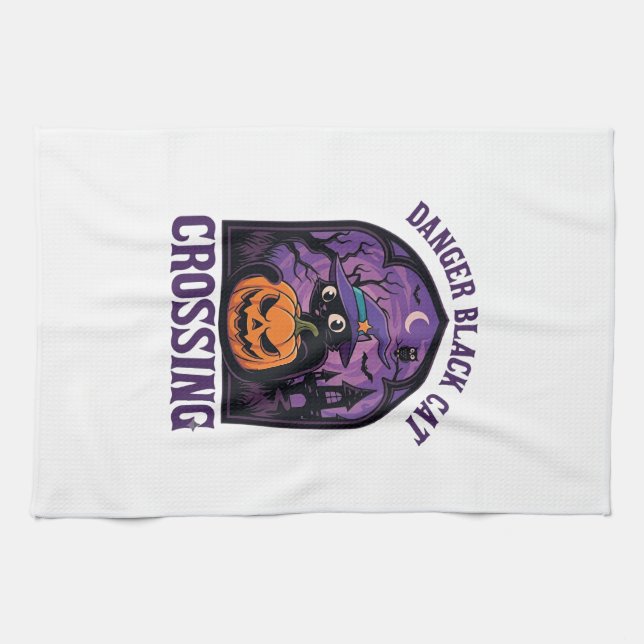 Danger Black Cat Crossing Halloween Pumpkin Witch  Tea Towel (Horizontal)