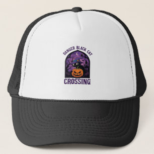 Danger Black Cat Crossing Halloween Pumpkin Witch Trucker Hat