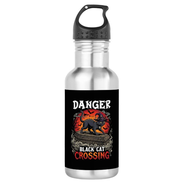 Danger Black Cat Crossing Halloween Witch Hat Coff 532 Ml Water Bottle (Front)