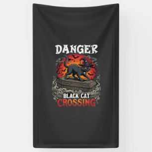 Danger Black Cat Crossing Halloween Witch Hat Coff Banner