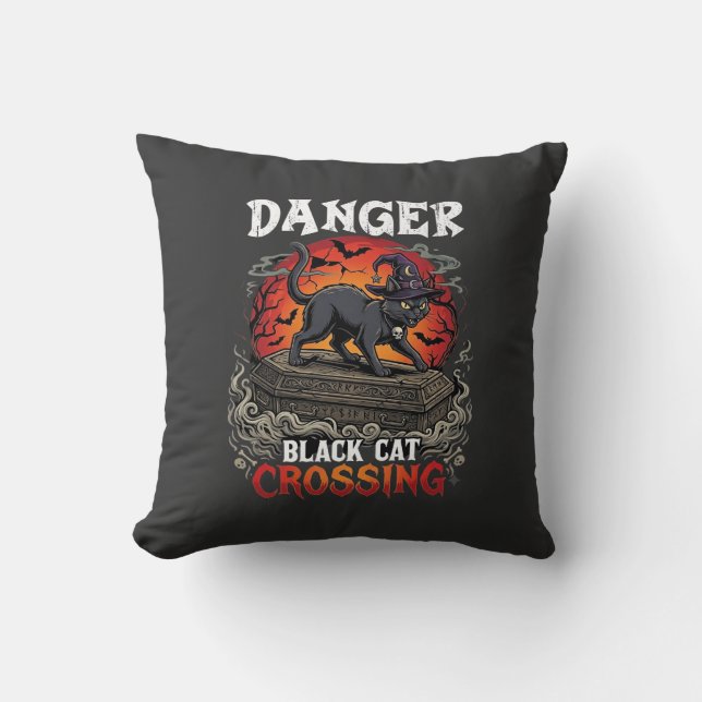 Danger Black Cat Crossing Halloween Witch Hat Coff Cushion (Front)