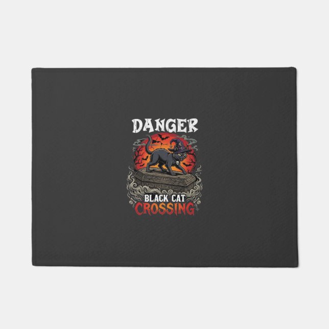 Danger Black Cat Crossing Halloween Witch Hat Coff Doormat (Front)
