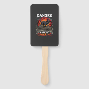 Danger Black Cat Crossing Halloween Witch Hat Coff Hand Fan