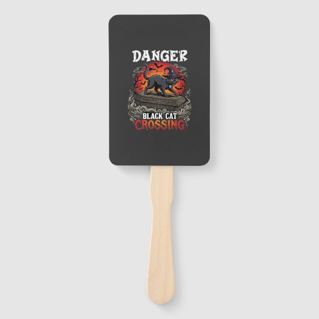 Danger Black Cat Crossing Halloween Witch Hat Coff Hand Fan (Front)
