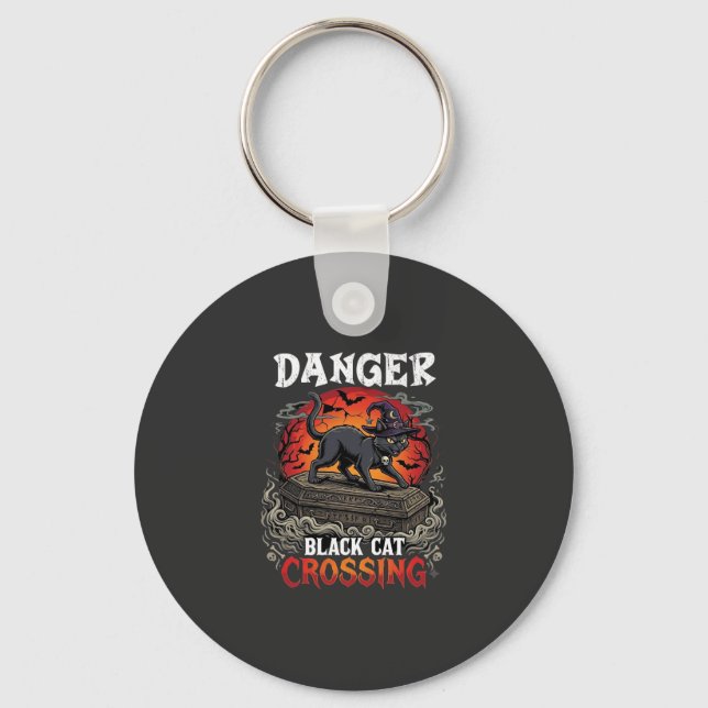 Danger Black Cat Crossing Halloween Witch Hat Coff Key Ring (Front)