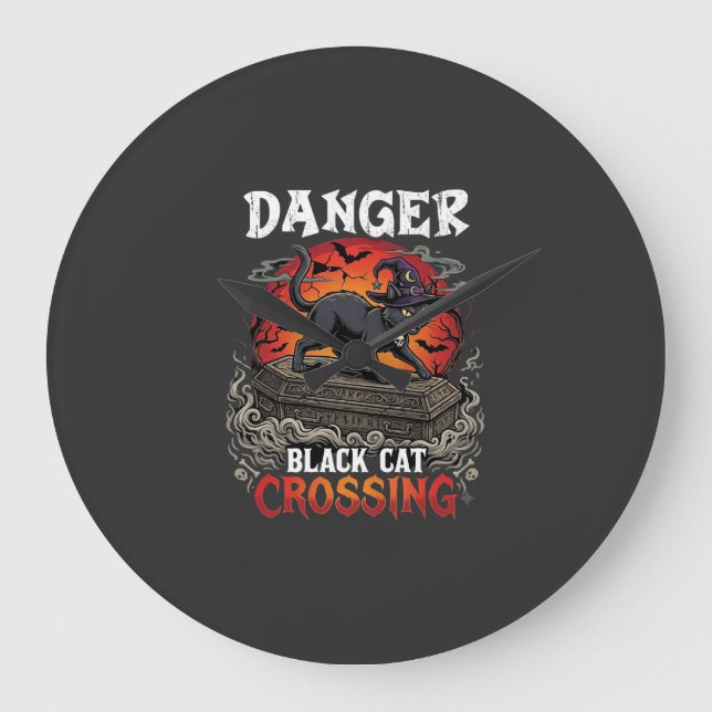 Danger Black Cat Crossing Halloween Witch Hat Coff Large Clock (Front)