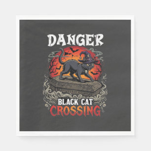 Danger Black Cat Crossing Halloween Witch Hat Coff Napkin