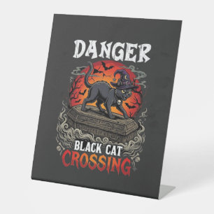 Danger Black Cat Crossing Halloween Witch Hat Coff Pedestal Sign