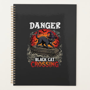 Danger Black Cat Crossing Halloween Witch Hat Coff Planner