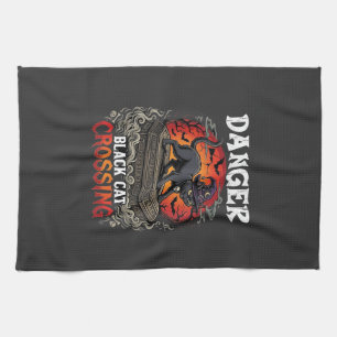 Danger Black Cat Crossing Halloween Witch Hat Coff Tea Towel