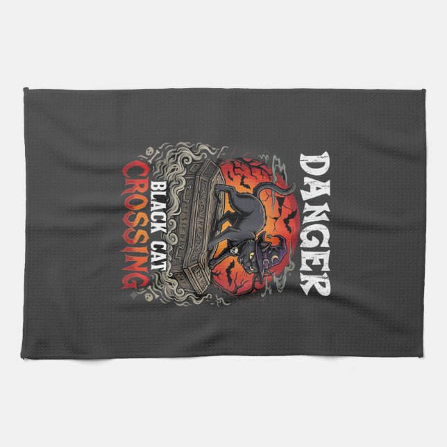 Danger Black Cat Crossing Halloween Witch Hat Coff Tea Towel (Horizontal)
