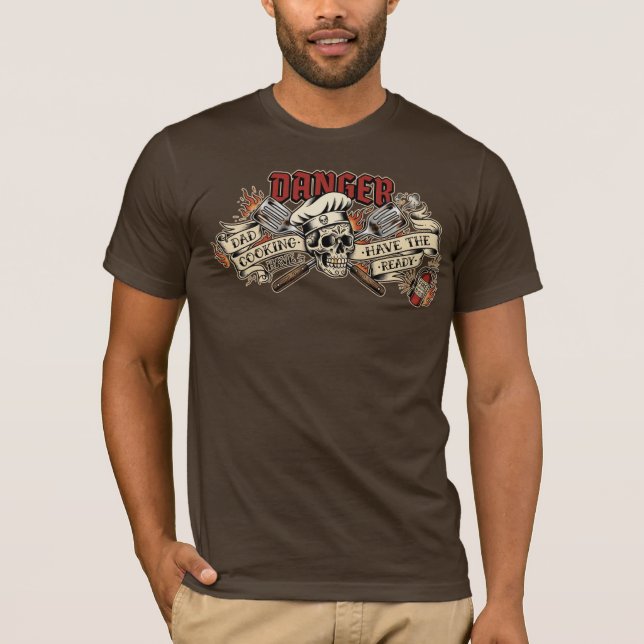 Danger Dad Cooking: Humorous Skull Chef T-Shirt (Front)