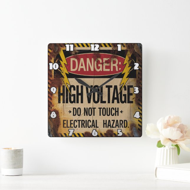 Danger: High Voltage, Electrical Hazard Square Wall Clock (Home)