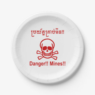 Danger!! Mines!! ☠ Cambodian Khmer Sign ☠ Paper Plate