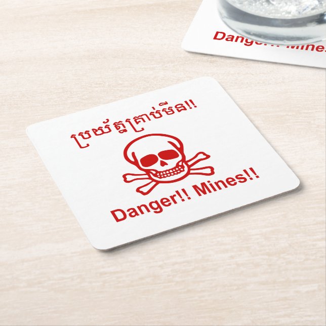 Danger!! Mines!! ☠ Cambodian Khmer Sign ☠ Square Paper Coaster (Angled)