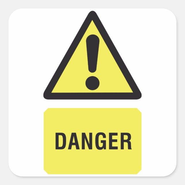 Danger Warning Sign Yellow Triangle Exclamation Square Sticker (Front)