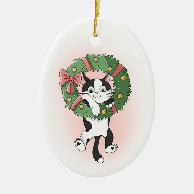 Dangling Cartoon Cat from Christmas Wreath Ceramic Tree Decoration (Front)