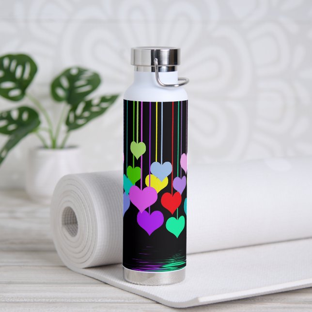 Dangling Hearts On Black Water Bottle (Yoga)