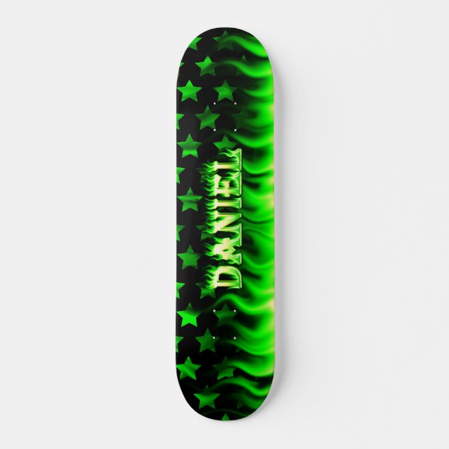 Daniel skateboard green fire and flames design. (Front)