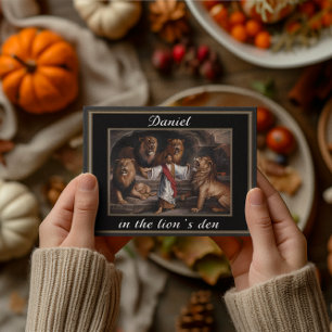 Daniel standing in the lions den dramatic scene postcard