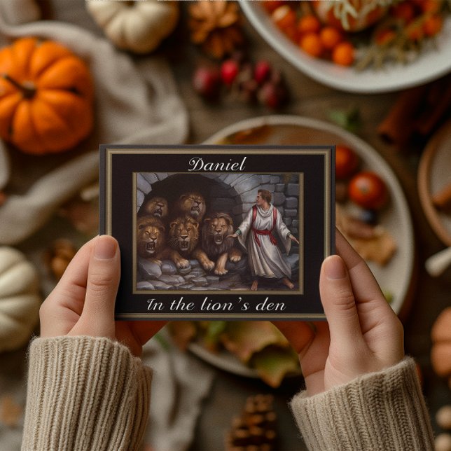 Daniel standing in the lions den stone-walled  postcard (Creator Uploaded)