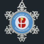 Danish Angel Hanukkah Flag Personalised  Snowflake Pewter Christmas Ornament<br><div class="desc">Hanukkah decor snowflake pewter ornament for the holiday season shows an angel wearing the red and white flag of Denmark. Designed for families of multiple religions, the Hanukkah Danish angel is found in the centre of white squiggly squares, surrounded by blue squiggly squares. Add a name to personalise. Customise by...</div>