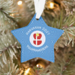 Danish Flag Hanukkah Angel Name Year Star Ornament<br><div class="desc">Hanukkah decor star shaped ornament for the holiday season shows an angel wearing the red and white flag of Denmark. Designed for families of multiple religions, the Hanukkah Danish angel is found in the centre of white squiggly squares, surrounded by blue squiggly squares. Add a name to personalise. Customise by...</div>