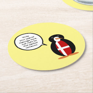 Danish Flag Talking Ms. Penguin Personalised Round Paper Coaster
