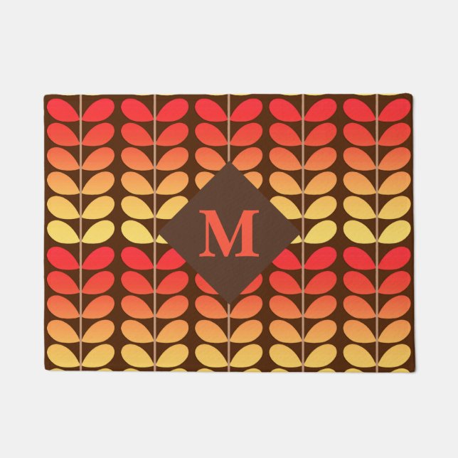Danish Leaves With Monogram, Brown, Orange & Gold Doormat (Front)
