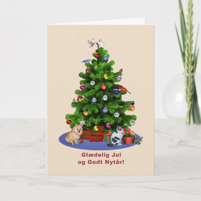 Danish, Merry Christmas Tree, Birds, Cat, Dog Holiday Card (Front)