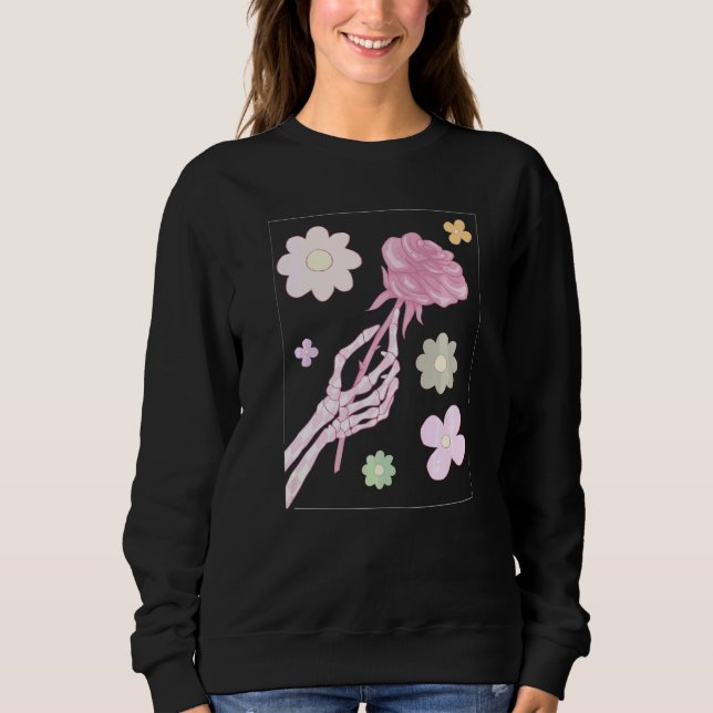 Danish Pastel Aesthetic Skeleton Hand Red Rose   Sweatshirt (Front)