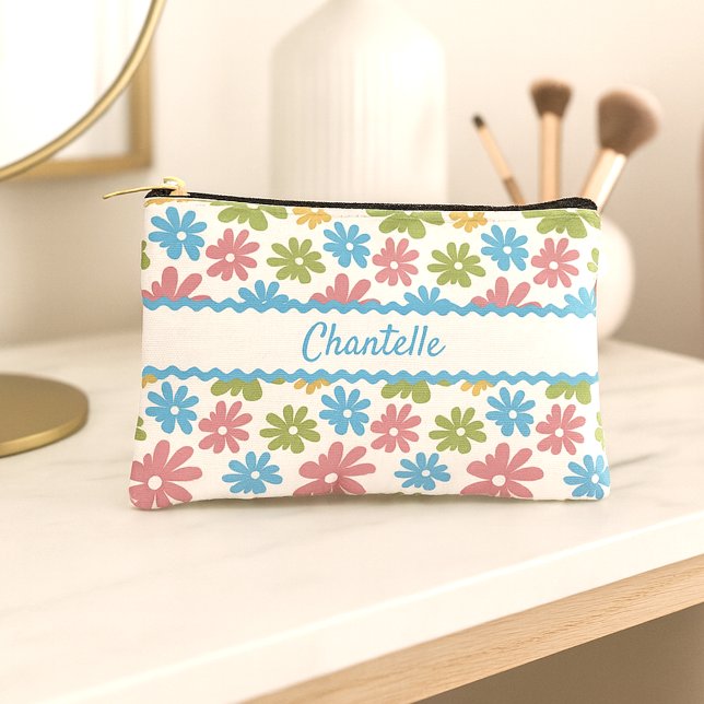 Danish Pastel Blue Blush Pink Green Floral Pattern Accessory Pouch (Creator Uploaded)