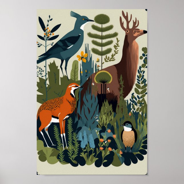 Danish Scandinavian Forest Animals Floral Art Poster (Front)