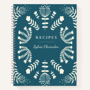 Danish Teal Blue Folk Flowers Personalised Recipe Notebook