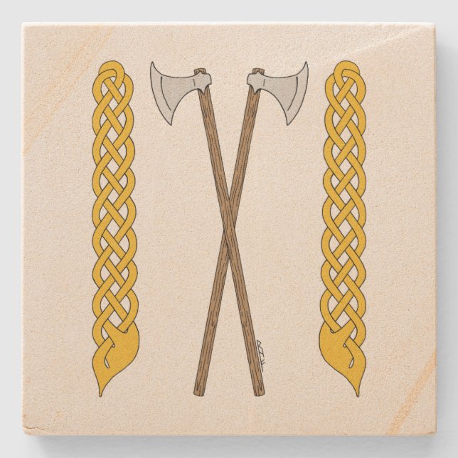 Danish/Viking Axes Crossed with Plaitwork Stone Coaster (Front)