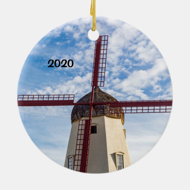Danish Village of Solvang with Windmill Ceramic Tree Decoration (Back)