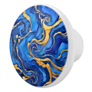 Danse Royale Rich Royal Blue Gold Flowing Abstract Ceramic Knob