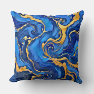Danse Royale Rich Royal Blue Gold Flowing Abstract Cushion
