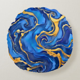 Danse Royale Rich Royal Blue Gold Flowing Abstract Round Cushion