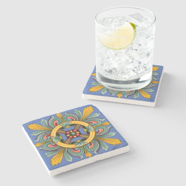 Danube Blue Victorian Tile Design Stone Coaster (Side)