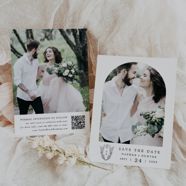 DAPHNE Black White Floral Crest Minimalist Wedding Save The Date (DAPHNE Black White Floral Crest Minimalist Wedding Save The Date)