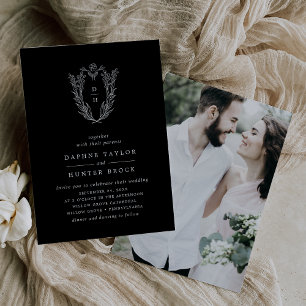 DAPHNE Botanical Dark Black Elegant Photo Wedding Invitation
