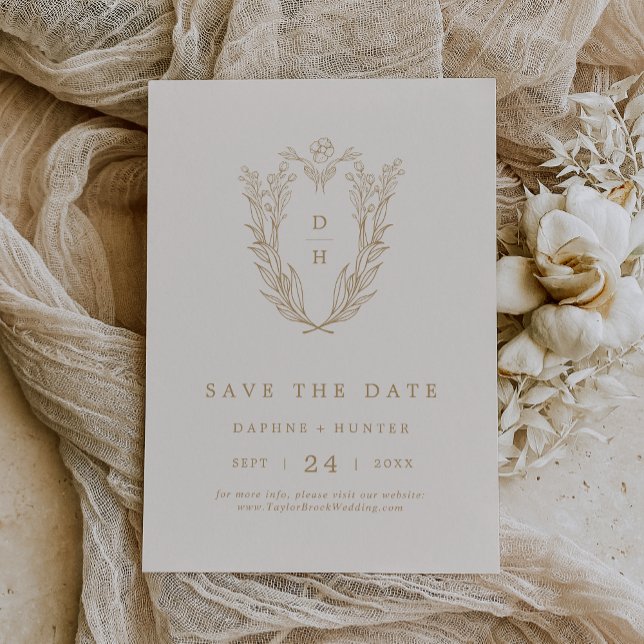 DAPHNE Cream Gold Minimal Simple Botanical Wedding Save The Date (DAPHNE Cream Gold Minimal Simple Botanical Wedding Save The Date)